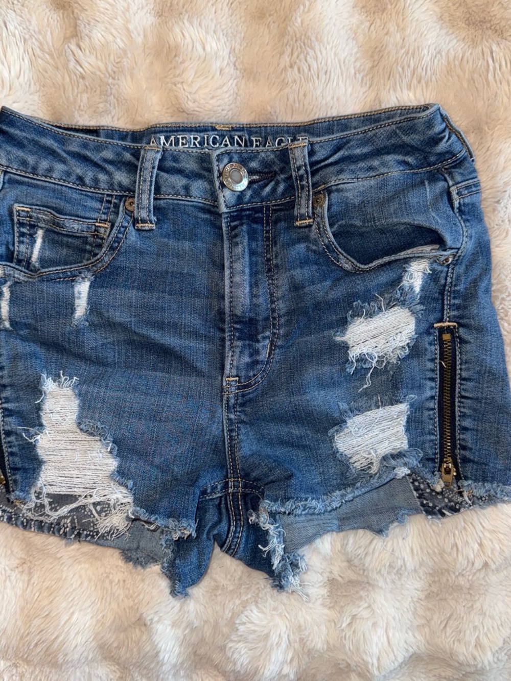 American Eagle Outfitters Ripped Dark Blue Denim Jean Shorts with Side Zip